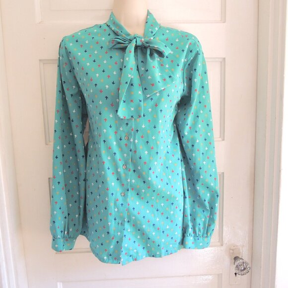Vintage Florence Alper Neiman Marcus Teal Print Bow Blouse 18 (L/XL) - Picture 1 of 10